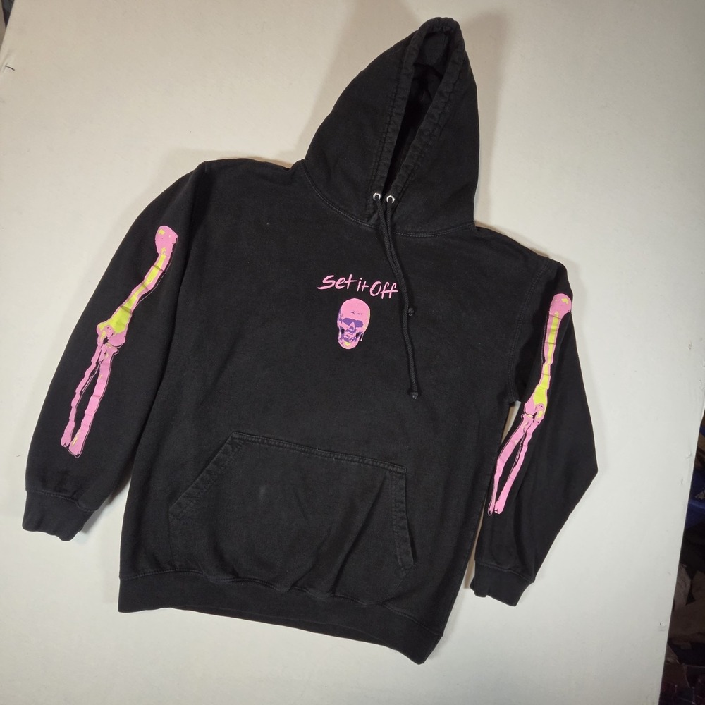 Set It Off Band Midnight Album Hoodie Neon Pink Yellow Skeleton Merch Black‎ L
